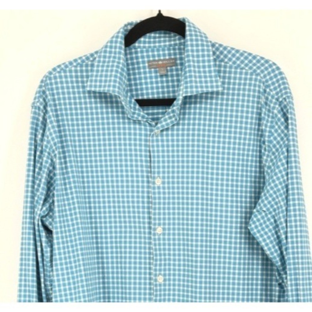 Peter Millar Mens Performance Gingham Button Down Shirt L Blue Long Sleeve